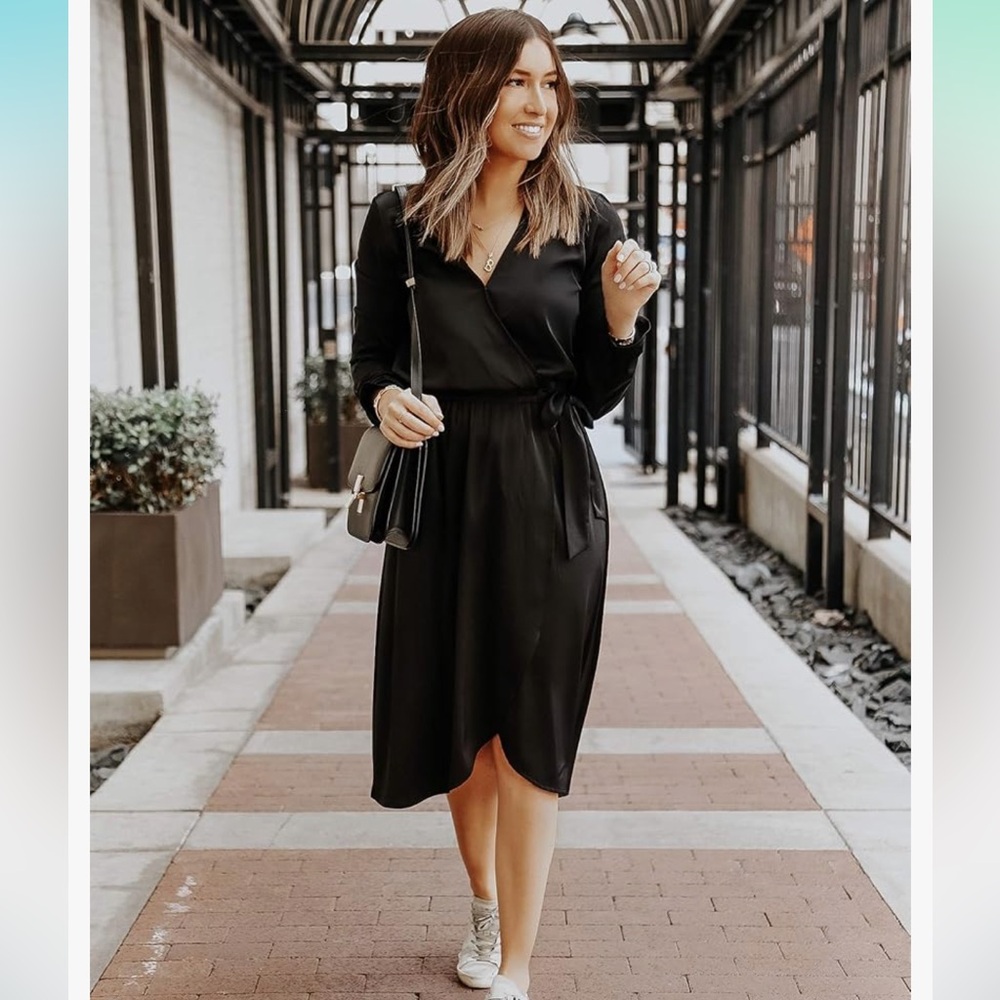 The Drop x SomewhereLately Black Satin Wrap Dress